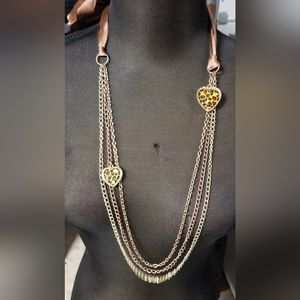 Candie's Gold Leopard Print Heart Charms Brown Satin Bow Necklace